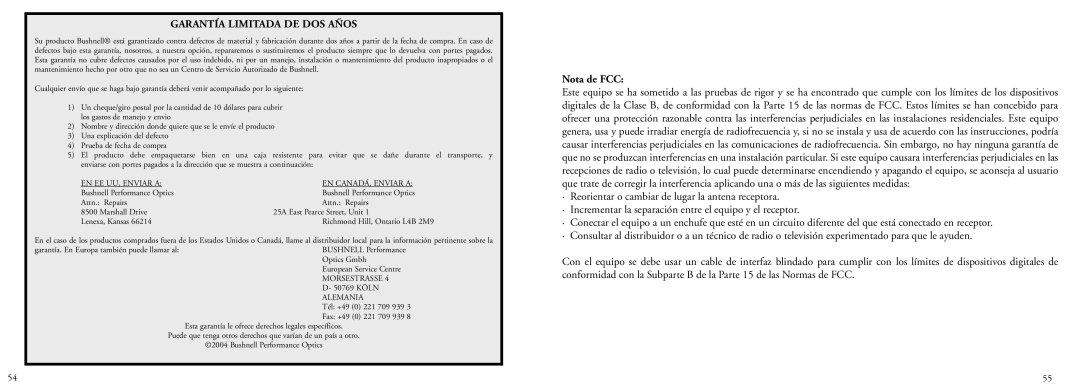 Bushnell 78-7351 manual Garantía Limitada DE DOS Años, Nota de FCC 