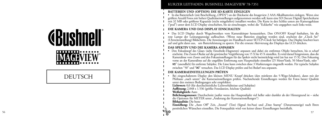 Bushnell 78-7351 manual Kurzer Leitfaden Bushnell Imageview, Batterien UND Option DIE SD-KARTE Einlegen 