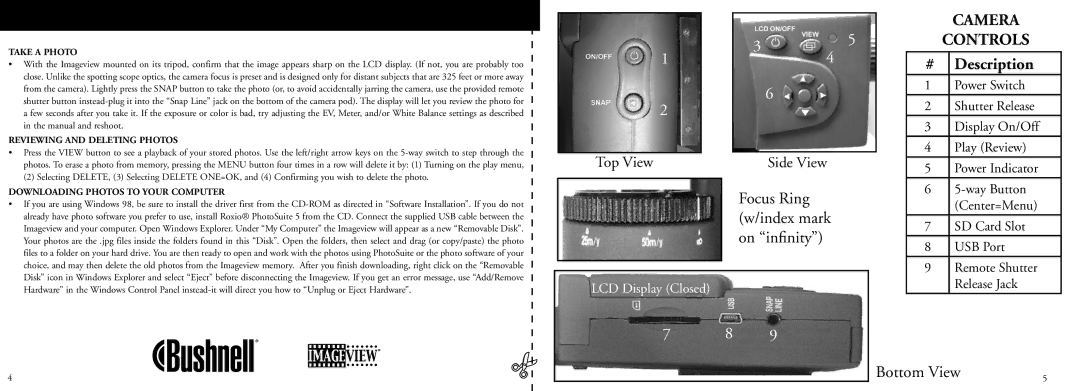 Bushnell 78-7351 manual Camera, SD Card Slot USB Port, Take a Photo, Reviewing and Deleting Photos 