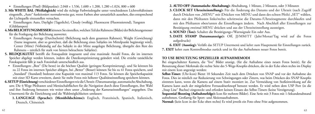 Bushnell 78-7351 manual To USE Benutzung Spezieller Aufnahmemodi 