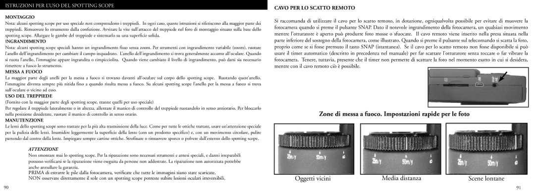 Bushnell 78-7351 manual Oggetti vicini Media distanza Scene lontane, Cavo PER LO Scatto Remoto 