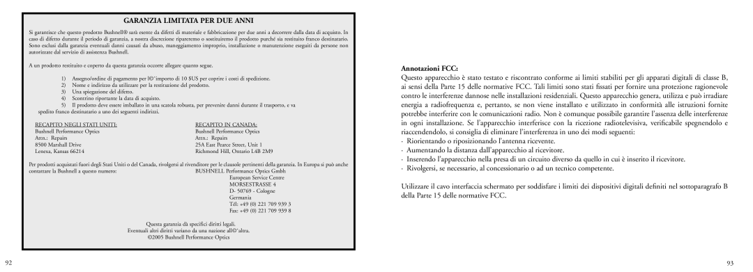 Bushnell 78-7351 manual Garanzia Limitata PER DUE Anni, Annotazioni FCC 