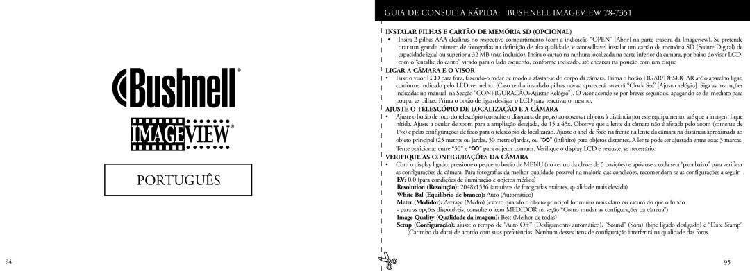 Bushnell 78-7351 manual Guia DE Consulta Rápida Bushnell Imageview, Instalar Pilhas E Cartão DE Memória SD Opcional 