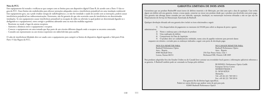 Bushnell 78-7351 manual Garantia Limitada DE Dois Anos, Nota da FCC 