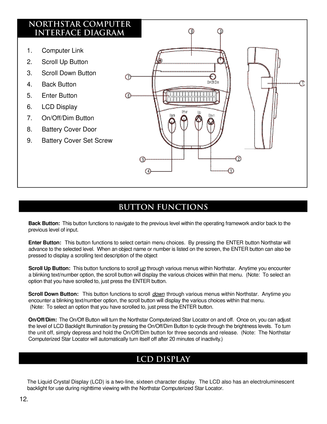 Bushnell 78-7880 80MM REFRACTOR, 78-7830 3 REFLECTOR Northstar Computer Interface Diagram, Button Functions, LCD Display 