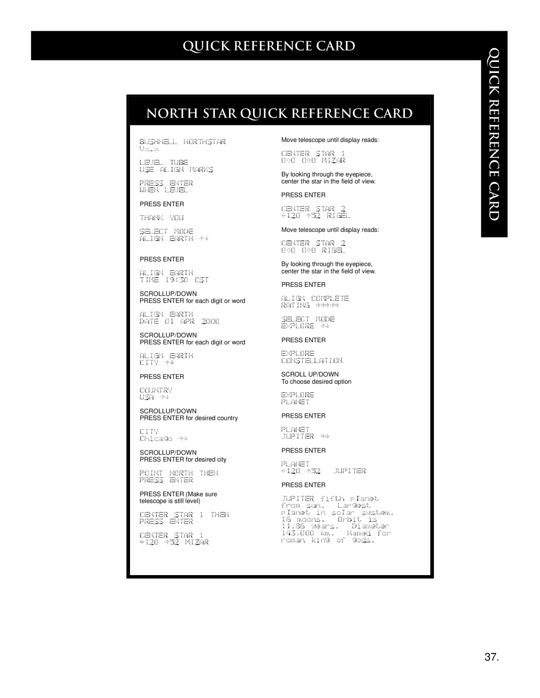 Bushnell 78-7860 60MM REFRACTOR, 78-7880 80MM REFRACTOR Quick reference card North Star Quick Reference Card, Press Enter 