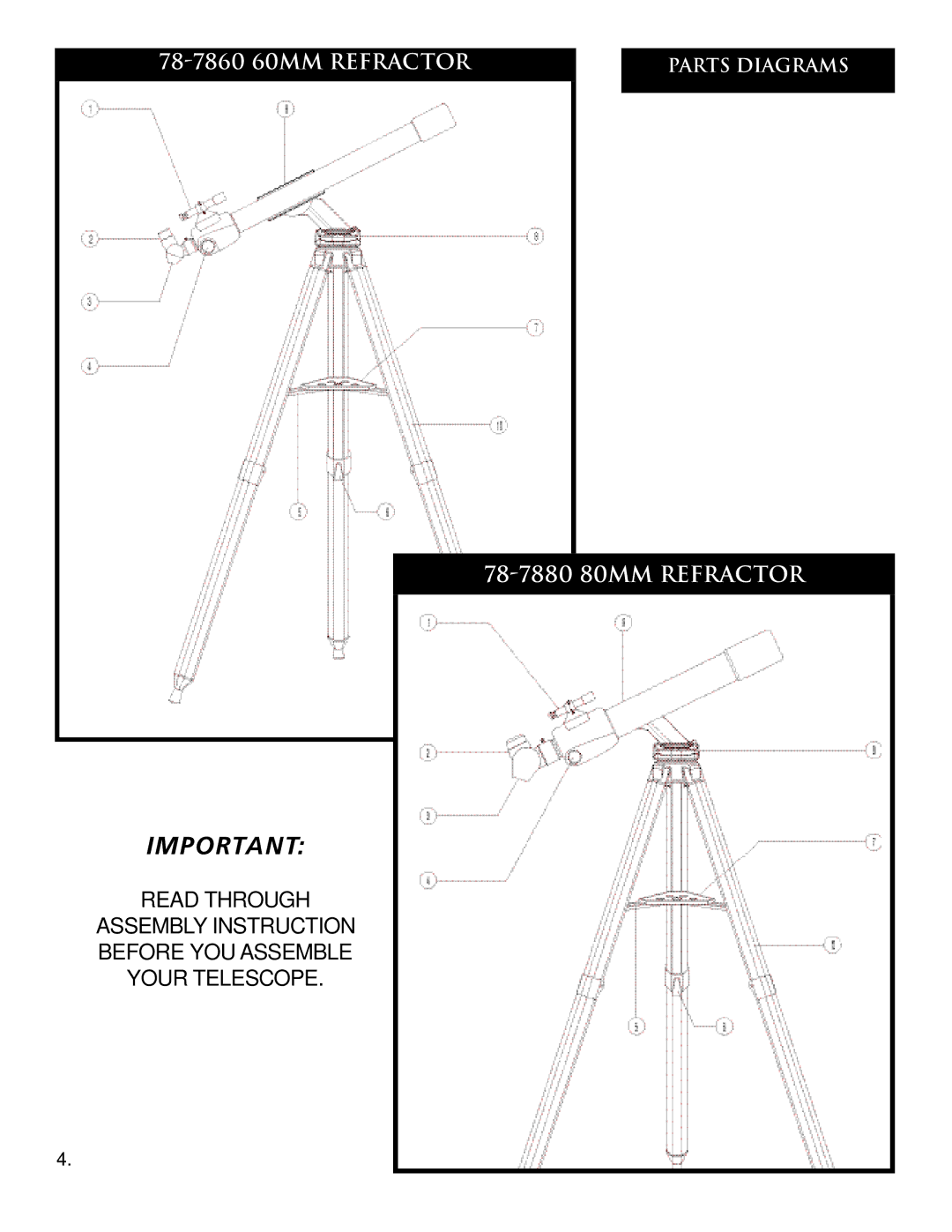 Bushnell 78-7880 80MM REFRACTOR, 78-7860 60MM REFRACTOR, 78-7830 3 REFLECTOR, 78-7845 4.5 REFLECTOR 78-7880 80mm Refractor 