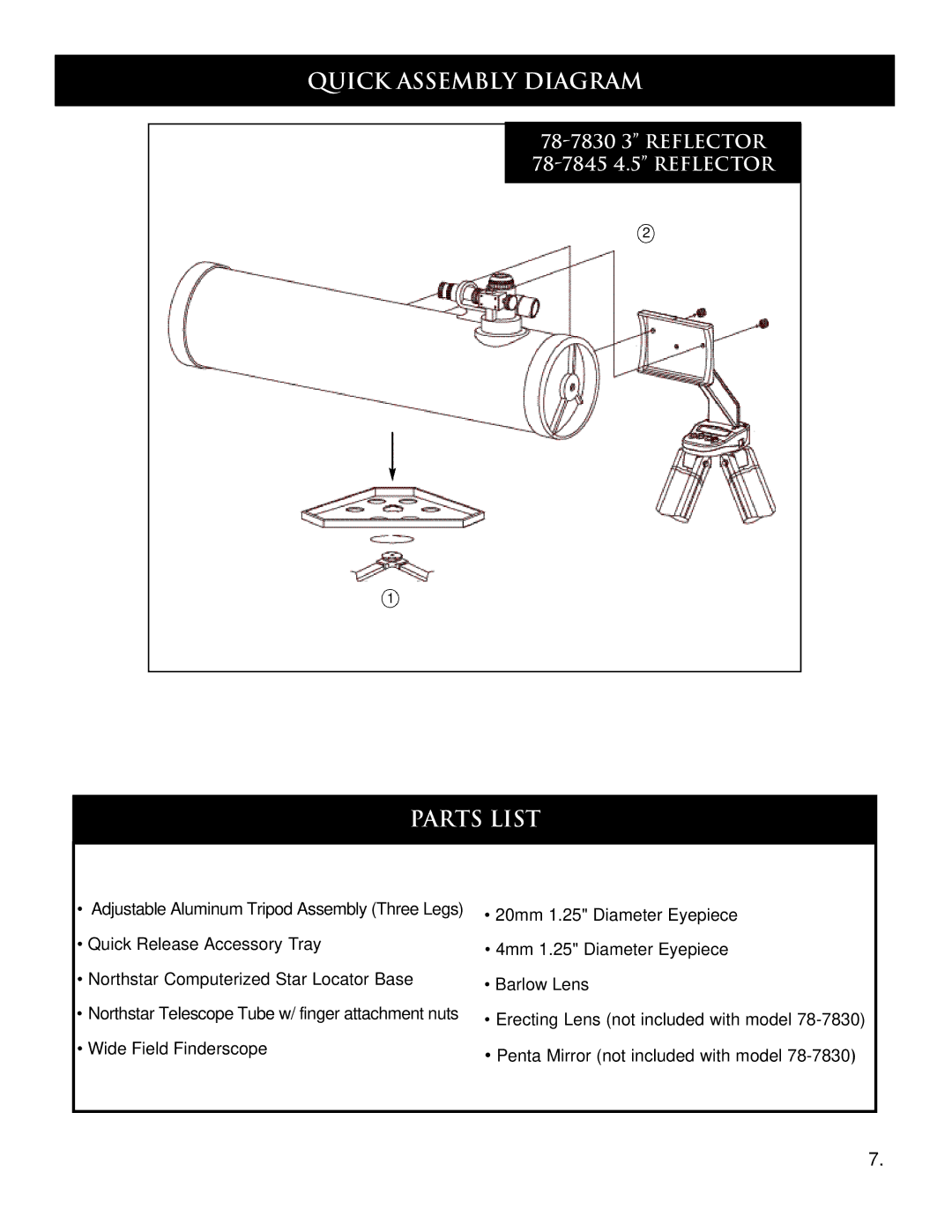 Bushnell 78-7845 4.5 REFLECTOR, 78-7880 80MM REFRACTOR, 78-7860 60MM REFRACTOR, 78-7830 3 REFLECTOR Parts List 