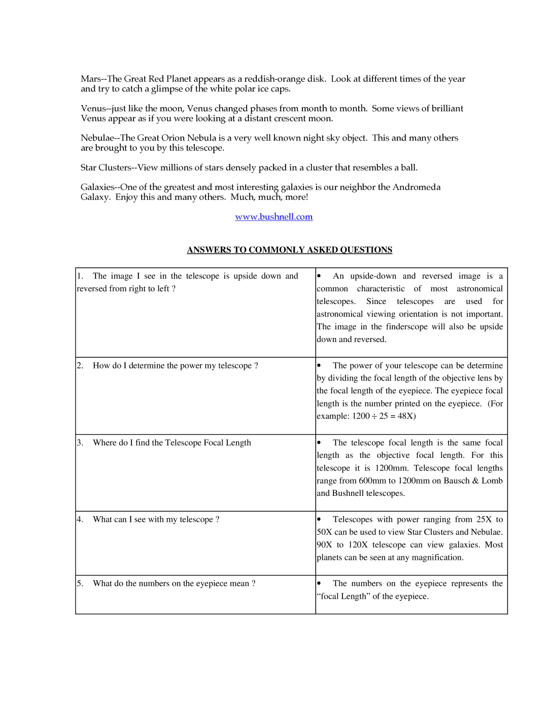 Bushnell 78-8000 manual Answers to Commonly Asked Questions 