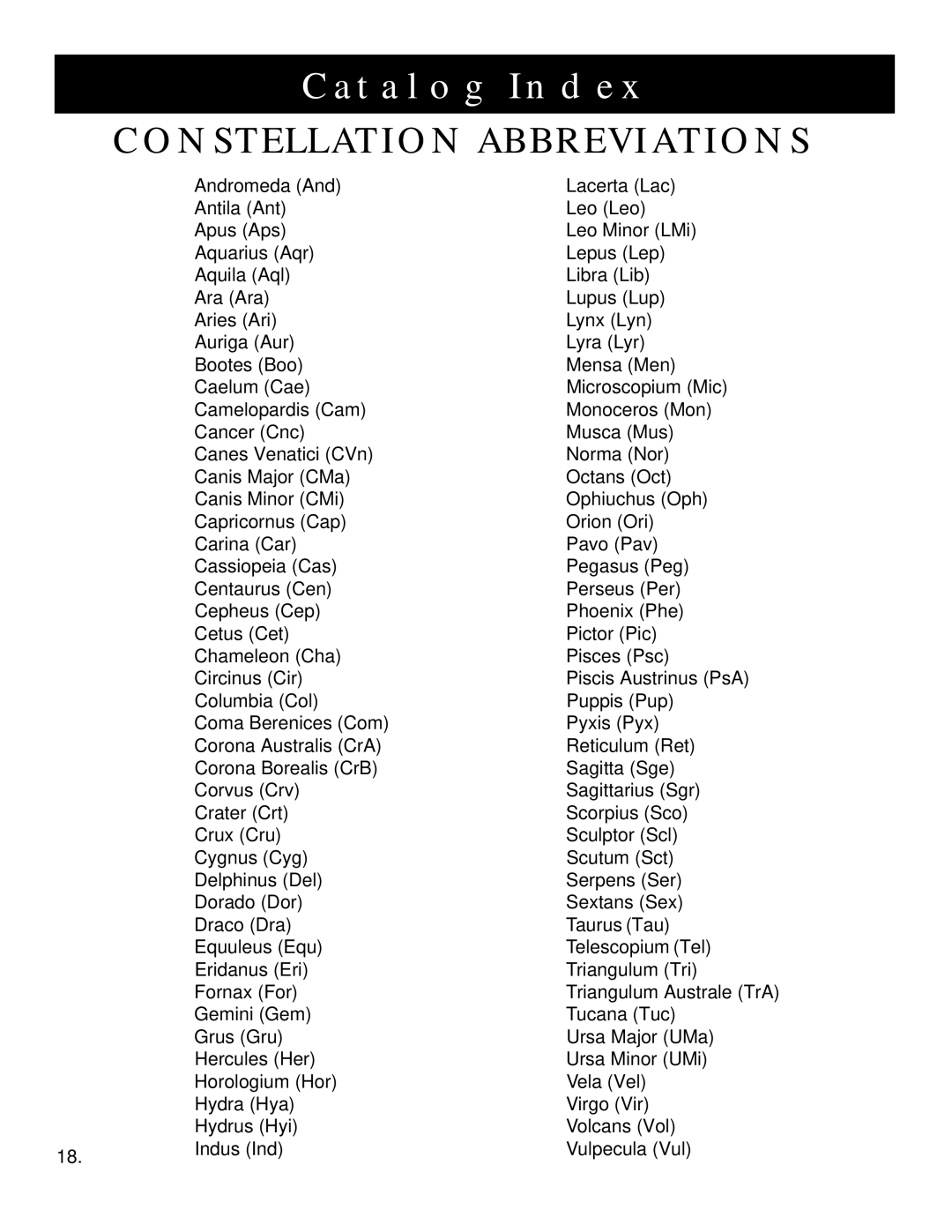 Bushnell 78-8830 instruction manual Catalog Index, Constellation Abbreviations 