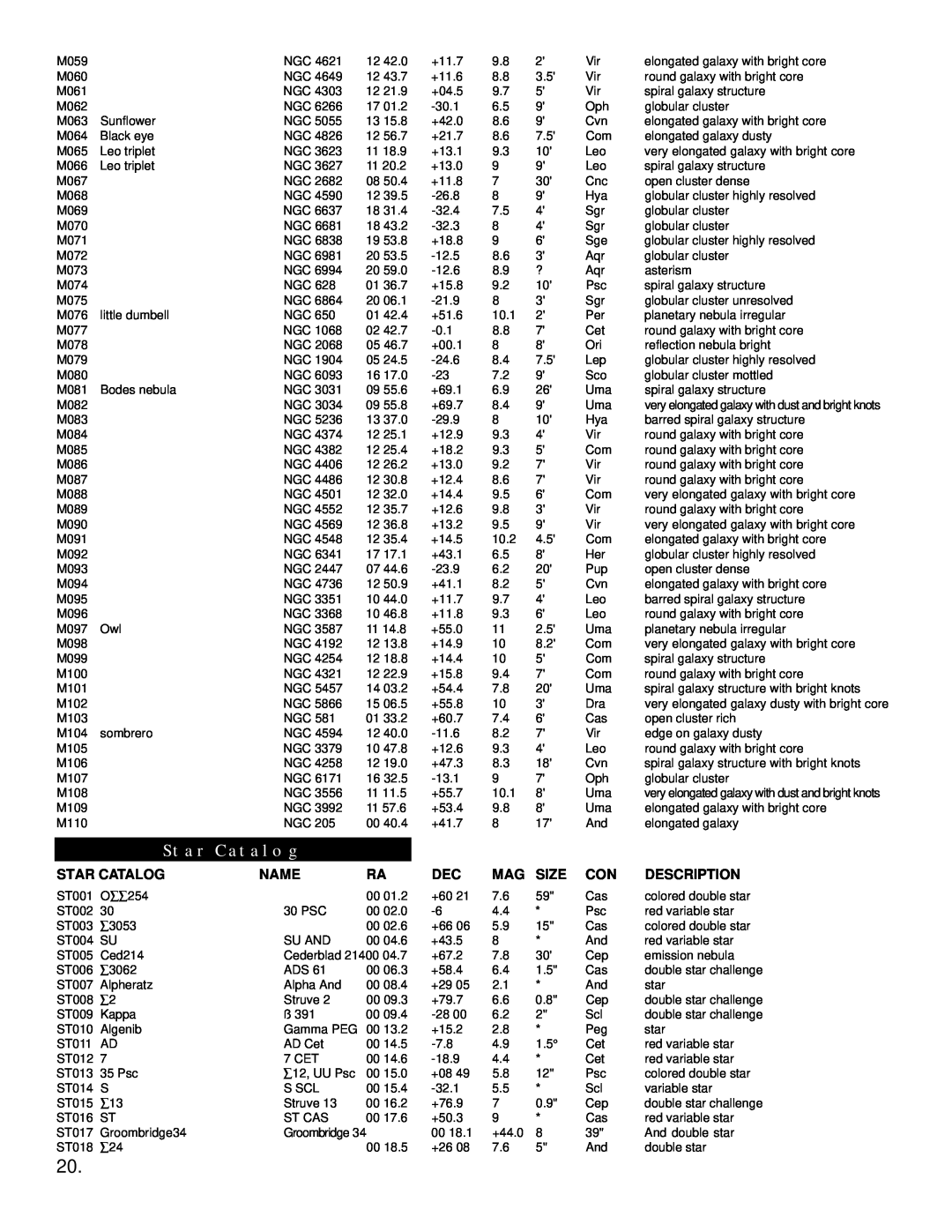 Bushnell 78-8830 instruction manual Star Catalog, Name, Size, Description 