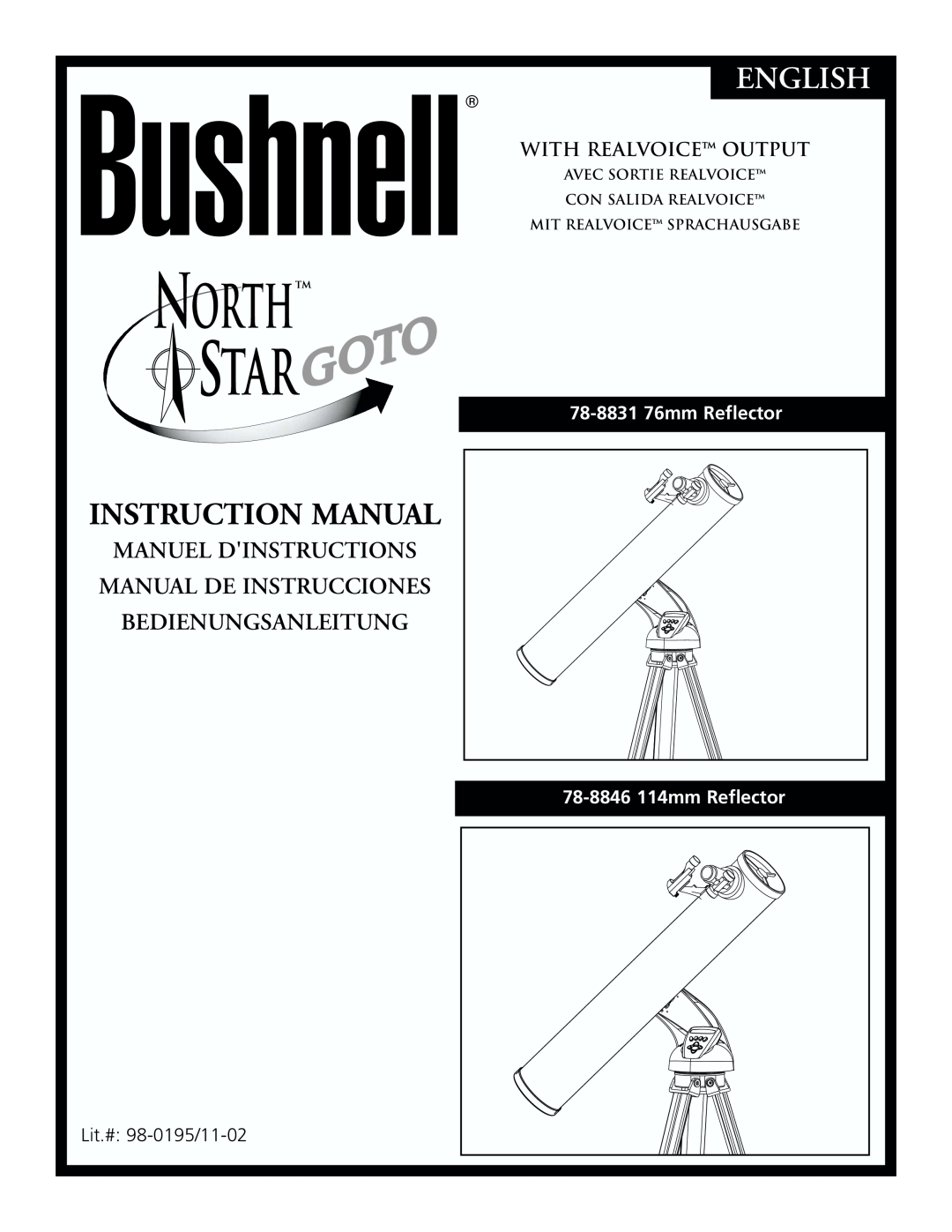 Bushnell 78-8831, 78-8846 instruction manual English, Instruction Manual, With Realvoice Output, 78-883176mm Reflector 