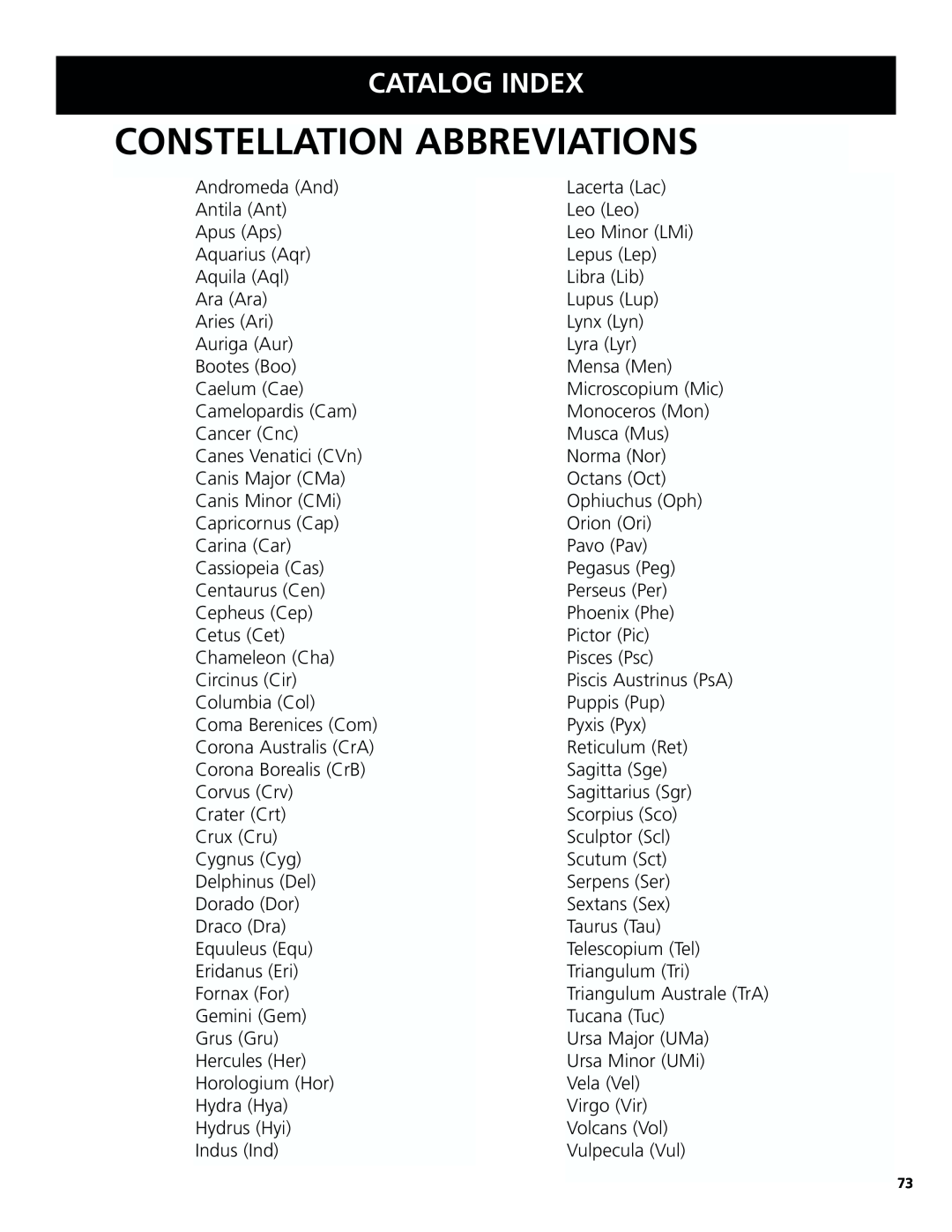 Bushnell 78-8831, 78-8846 instruction manual Constellation Abbreviations, Catalog Index 