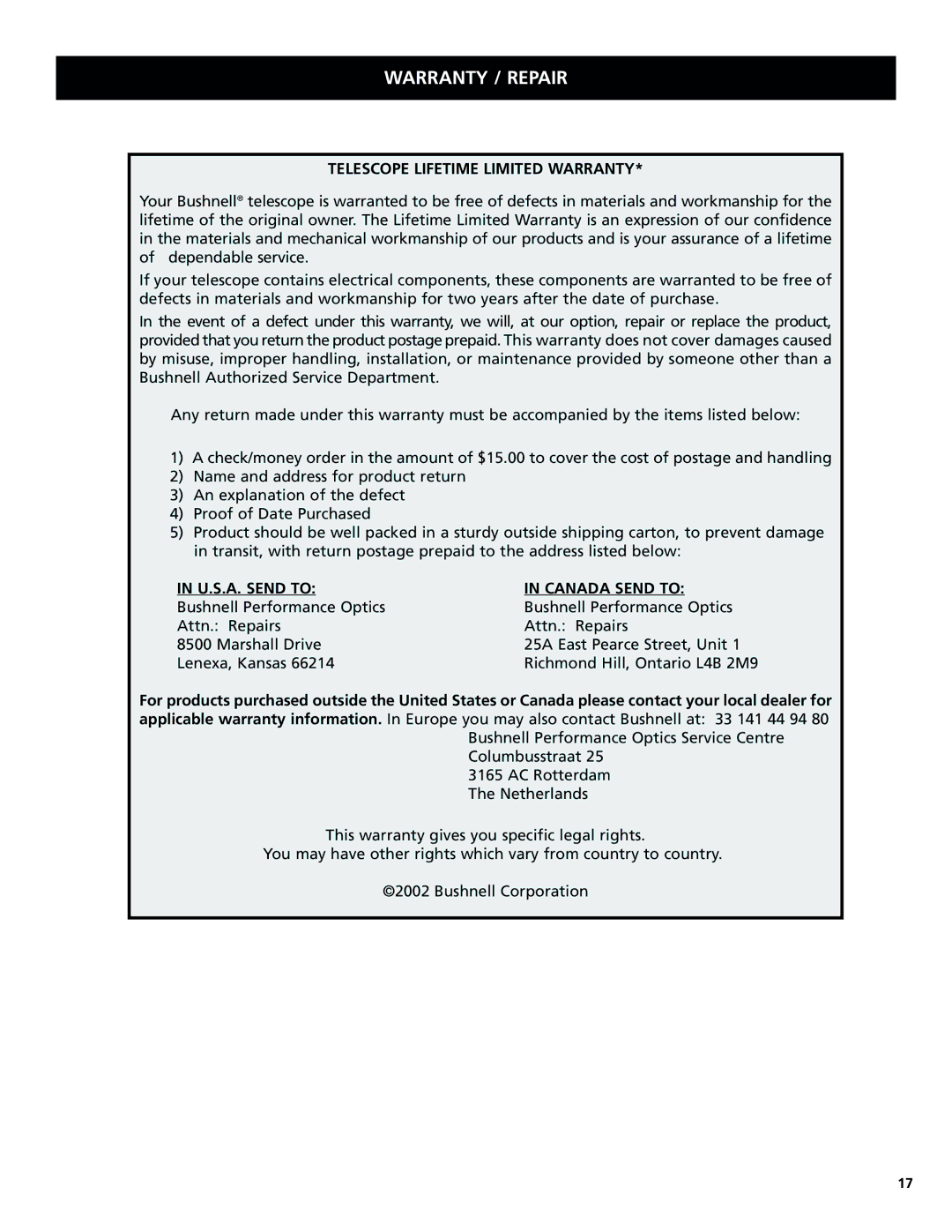 Bushnell 78-8831, 78-8846 Warranty / Repair, Telescope Lifetime Limited Warranty, U.S.A. Send to Canada Send to 