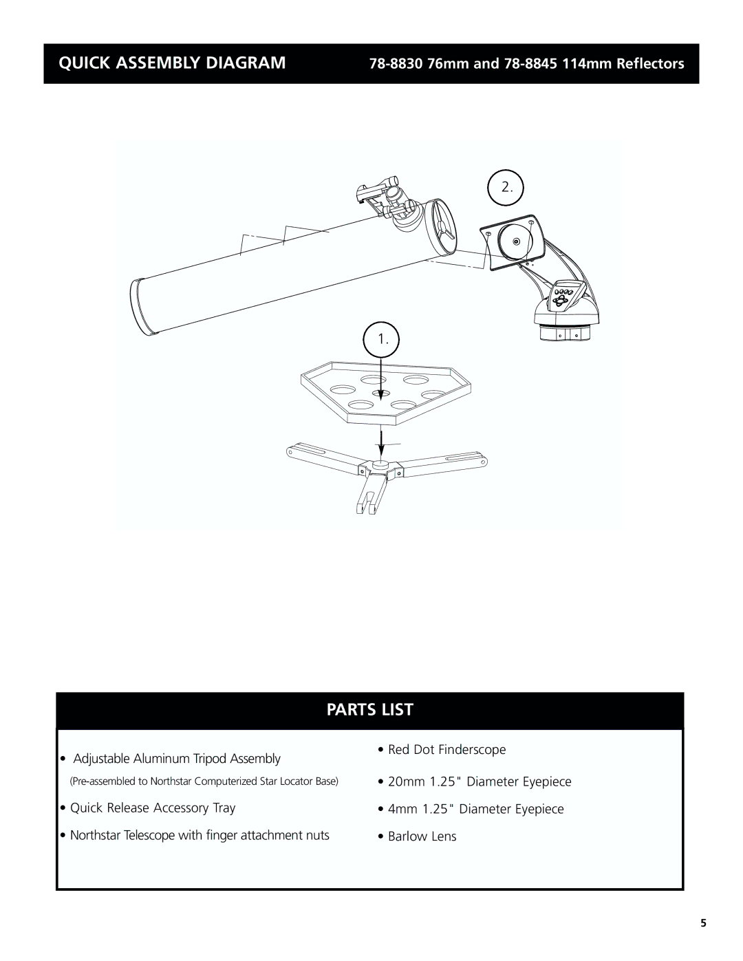 Bushnell 78-8831, 78-8846 instruction manual Quick Assembly Diagram, Parts List 