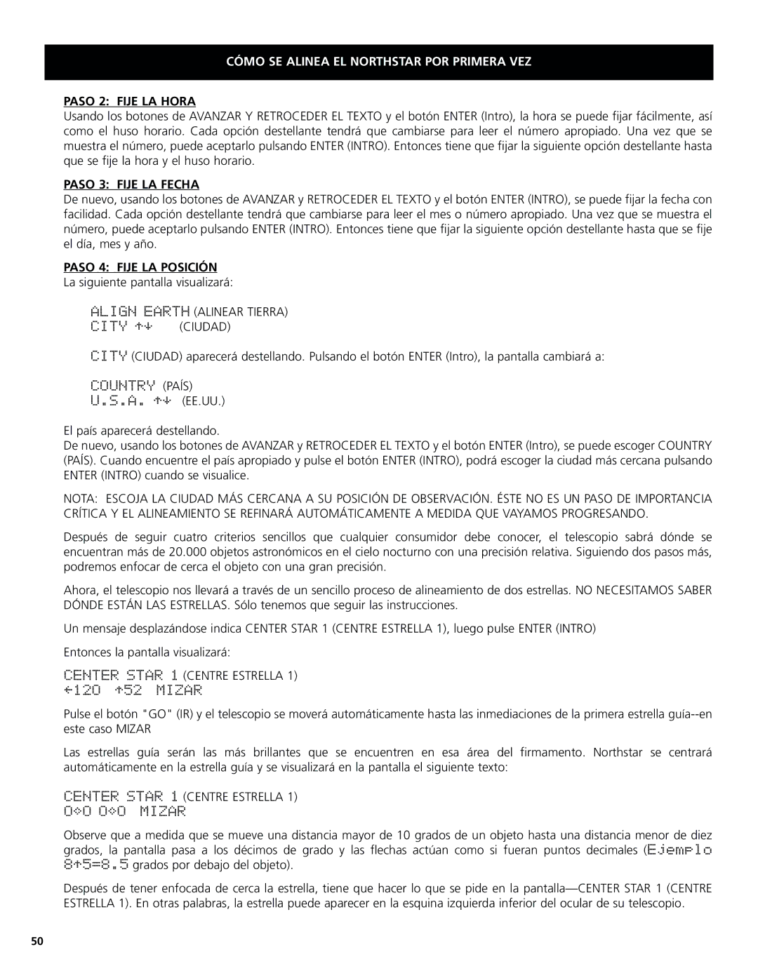 Bushnell 78-8831, 78-8846 Paso 2 Fije LA Hora, Paso 3 Fije LA Fecha, Paso 4 Fije LA Posición, Align Earth Alinear Tierra 