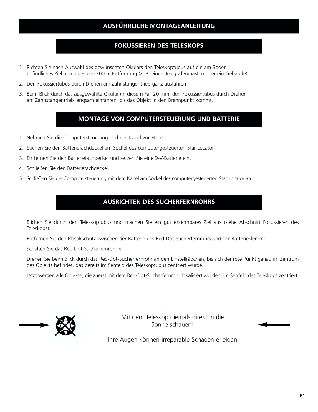 Bushnell 78-8831, 78-8846 Ausführliche Montageanleitung Fokussieren DES Teleskops, Ausrichten DES Sucherfernrohrs 