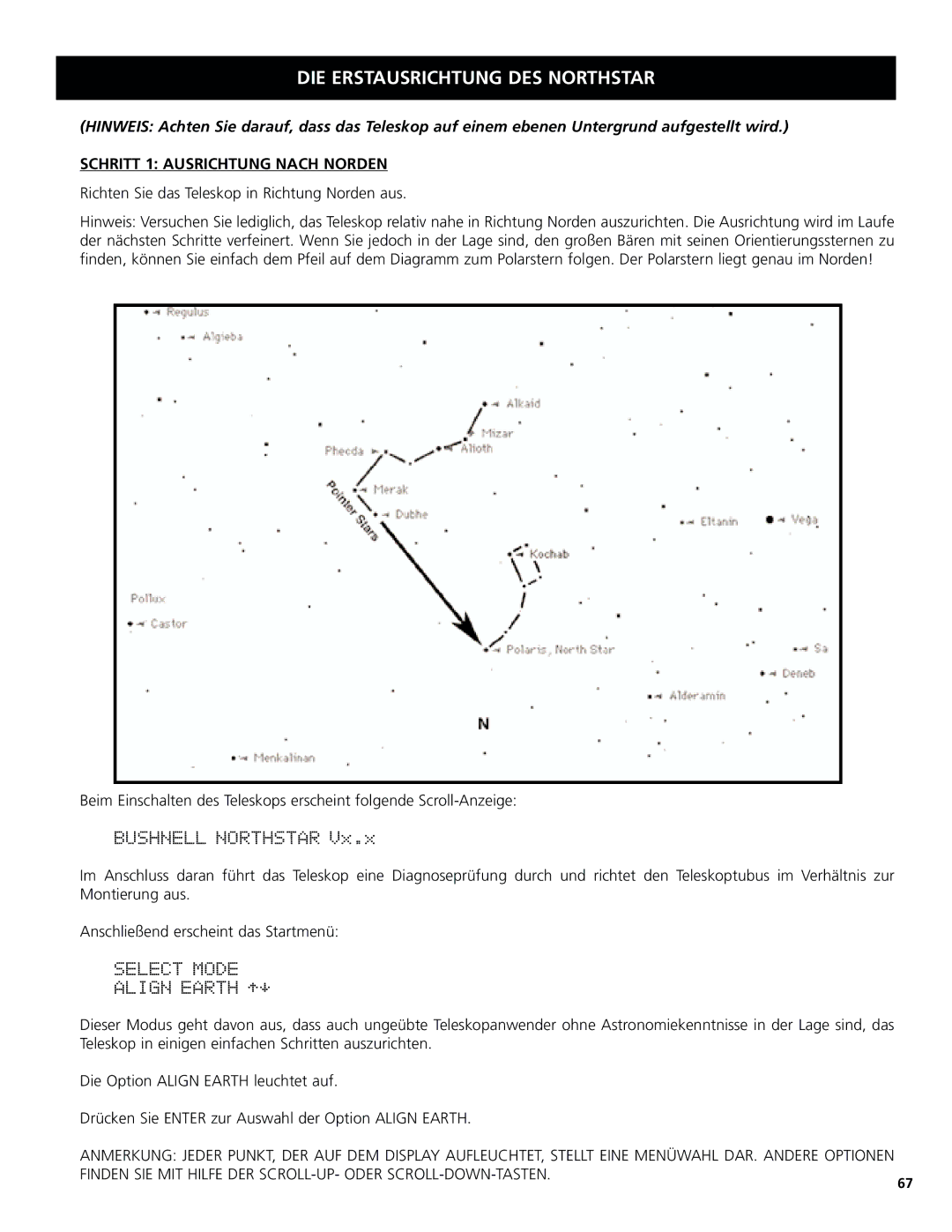 Bushnell 78-8831, 78-8846 instruction manual DIE Erstausrichtung DES Northstar, Schritt 1 Ausrichtung Nach Norden 