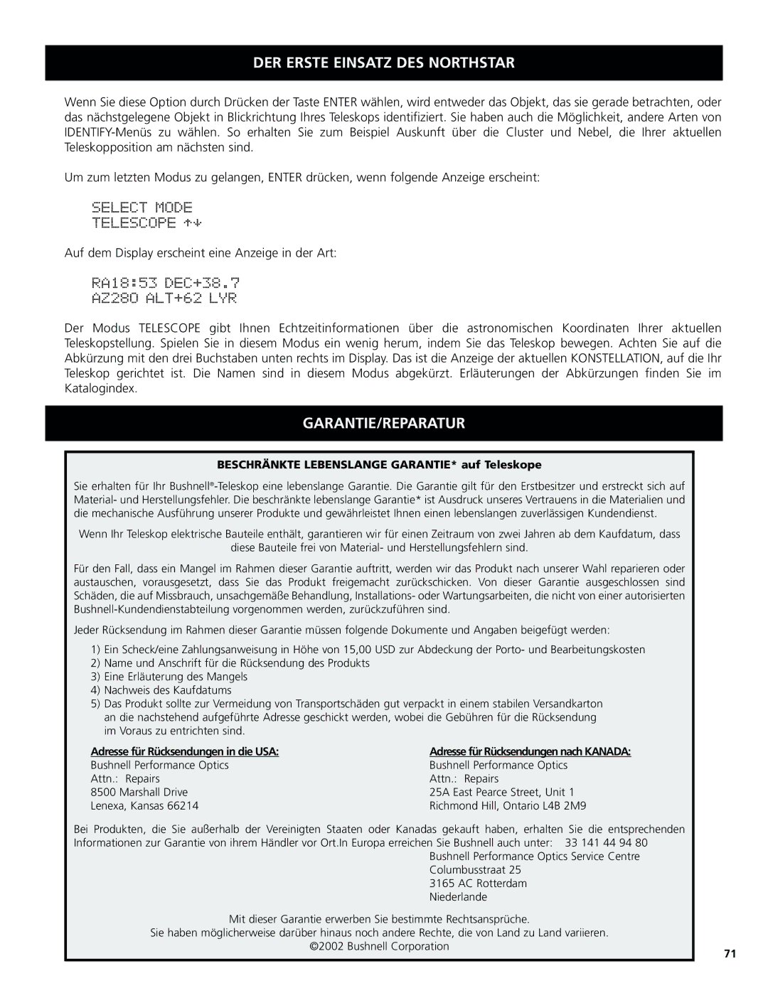 Bushnell 78-8831, 78-8846 instruction manual Garantie/Reparatur, Beschränkte Lebenslange GARANTIE* auf Teleskope 