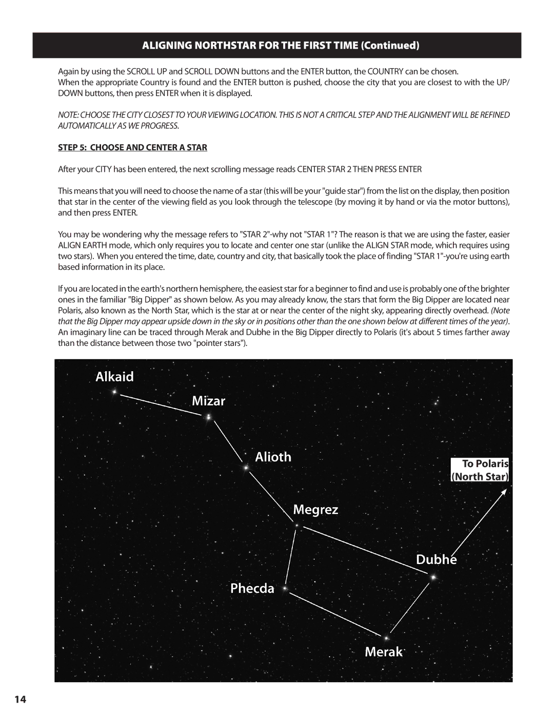 Bushnell 78-8840 instruction manual Maligning Northstar for the First Time, Choose and Center a Star 