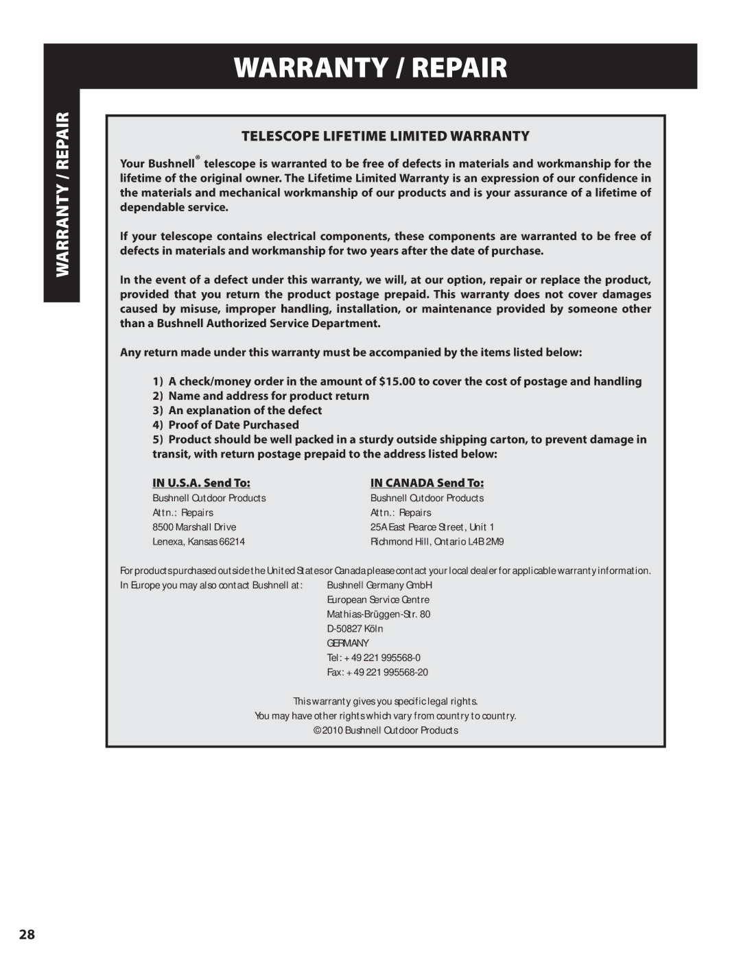 Bushnell 78-8840 instruction manual Attn. Repairs Marshall Drive, Lenexa, Kansas, Germany 