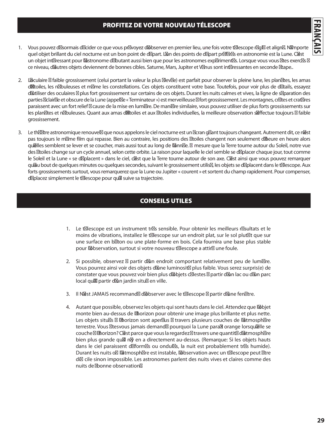 Bushnell 78-8840 instruction manual Mprofitez DE Votre Nouveau Télescope, Mconseils Utiles 