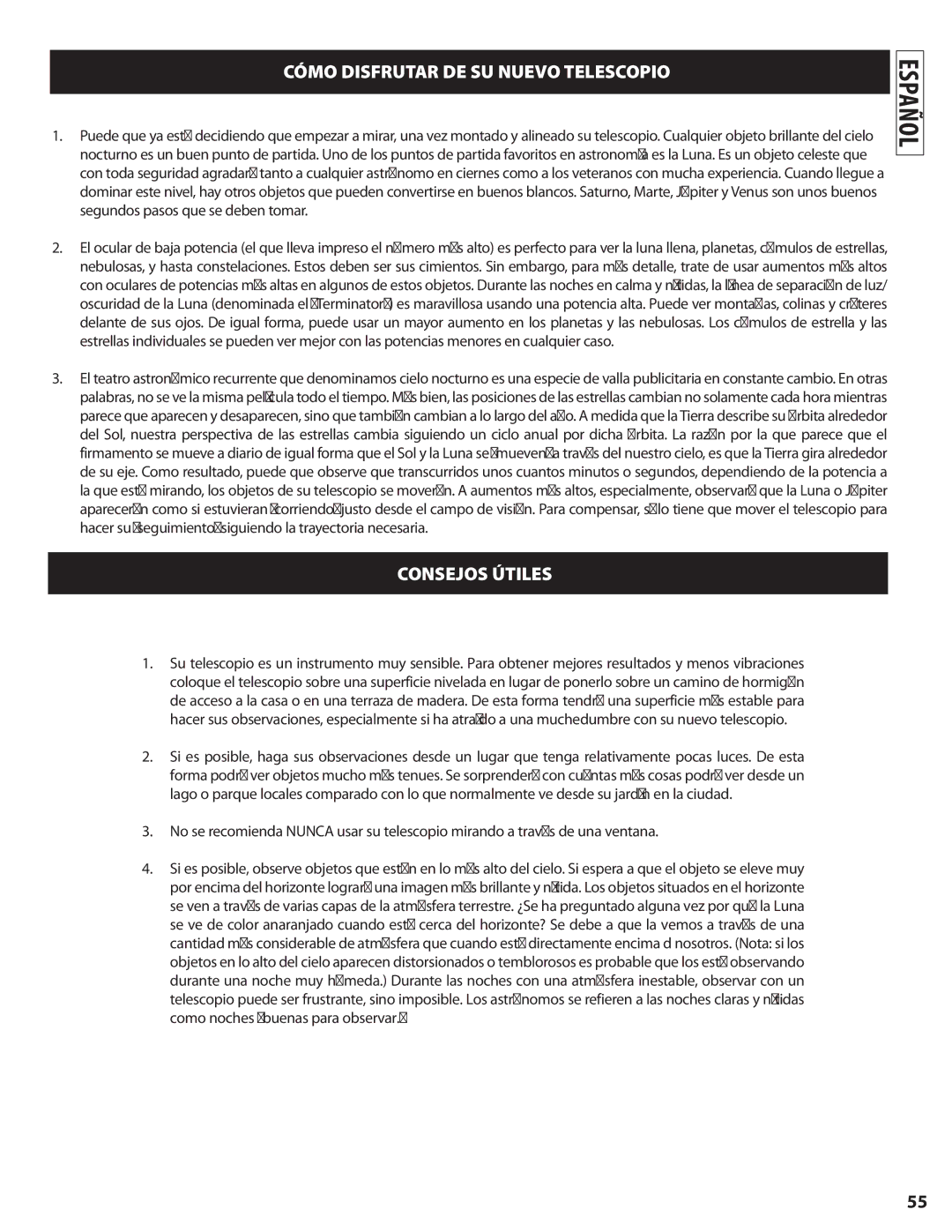 Bushnell 78-8840 instruction manual Mcómo Disfrutar DE SU Nuevo Telescopio, Mconsejos Útiles 