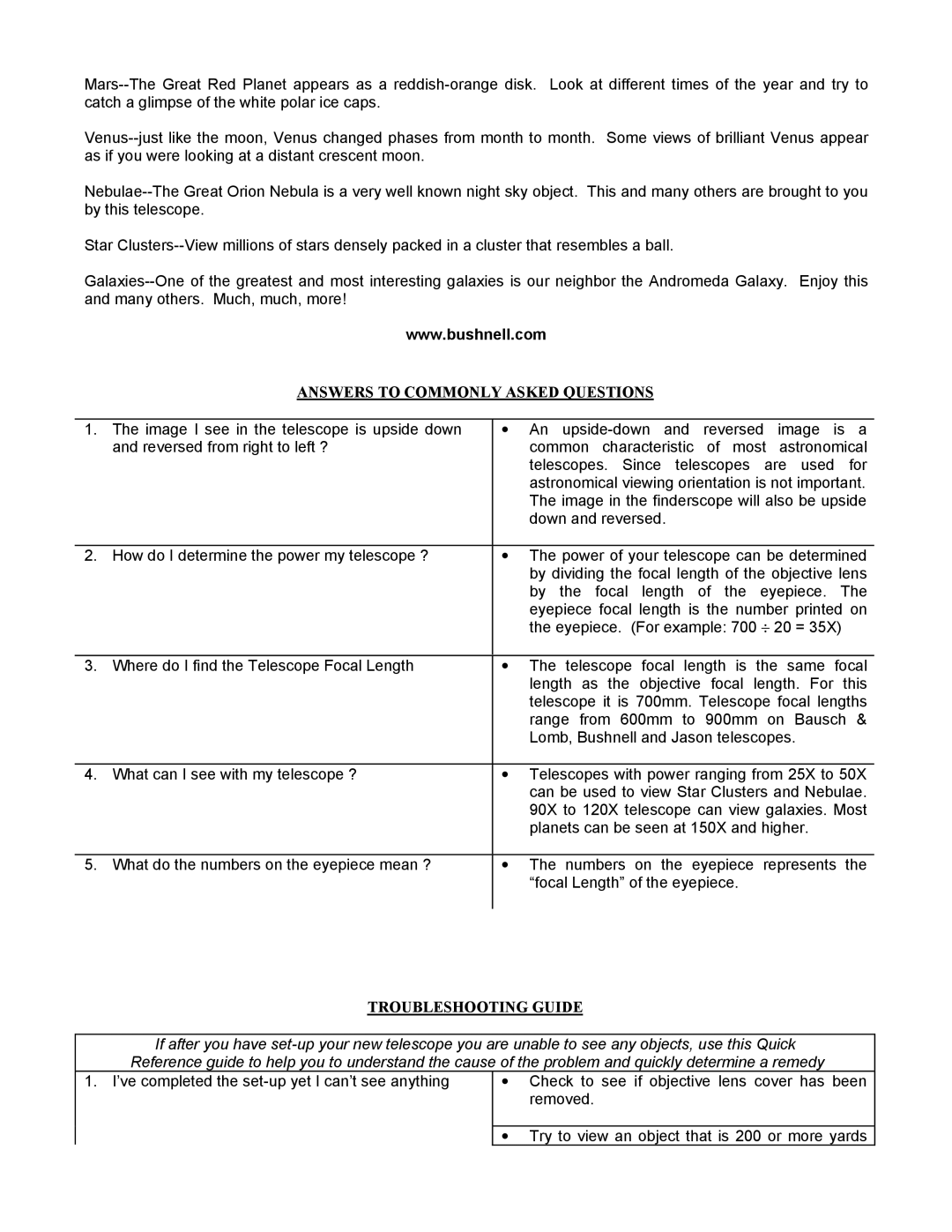 Bushnell 78-9003 manual Answers to Commonly Asked Questions 