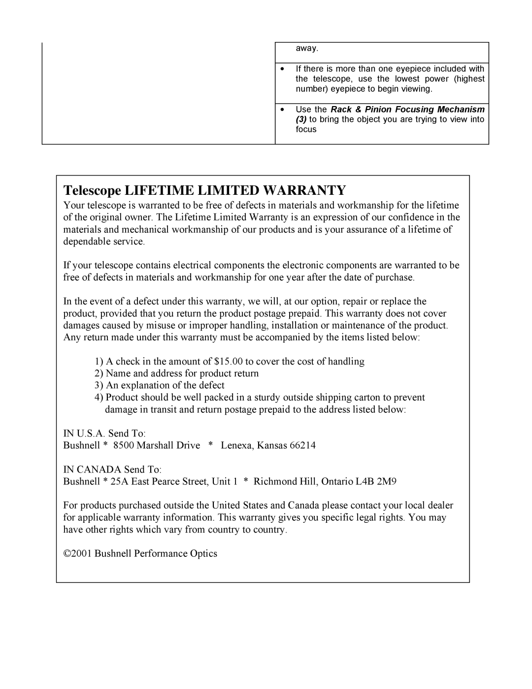Bushnell 78-9003 manual Telescope Lifetime Limited Warranty 