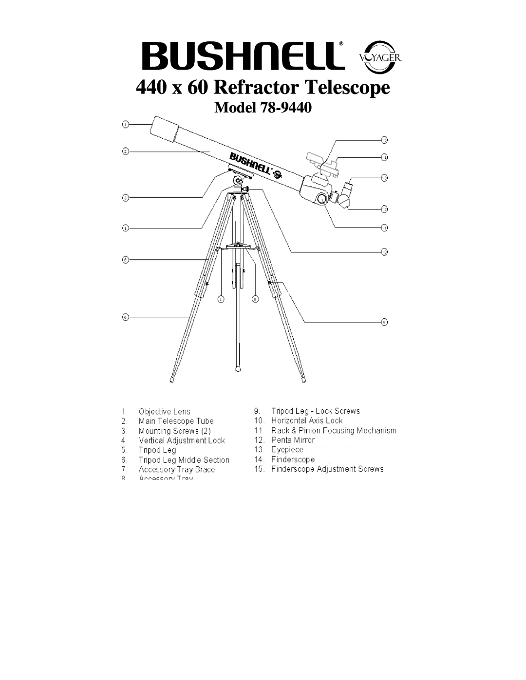 Bushnell 78-9440 manual 440 x 60 Refractor Telescope, Model 