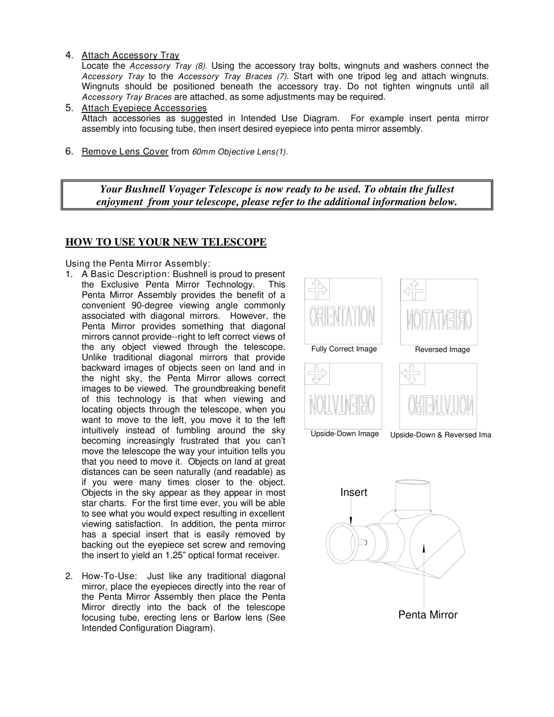 Bushnell 78-9440 manual Attach Accessory Tray, Attach Eyepiece Accessories, Using the Penta Mirror Assembly 