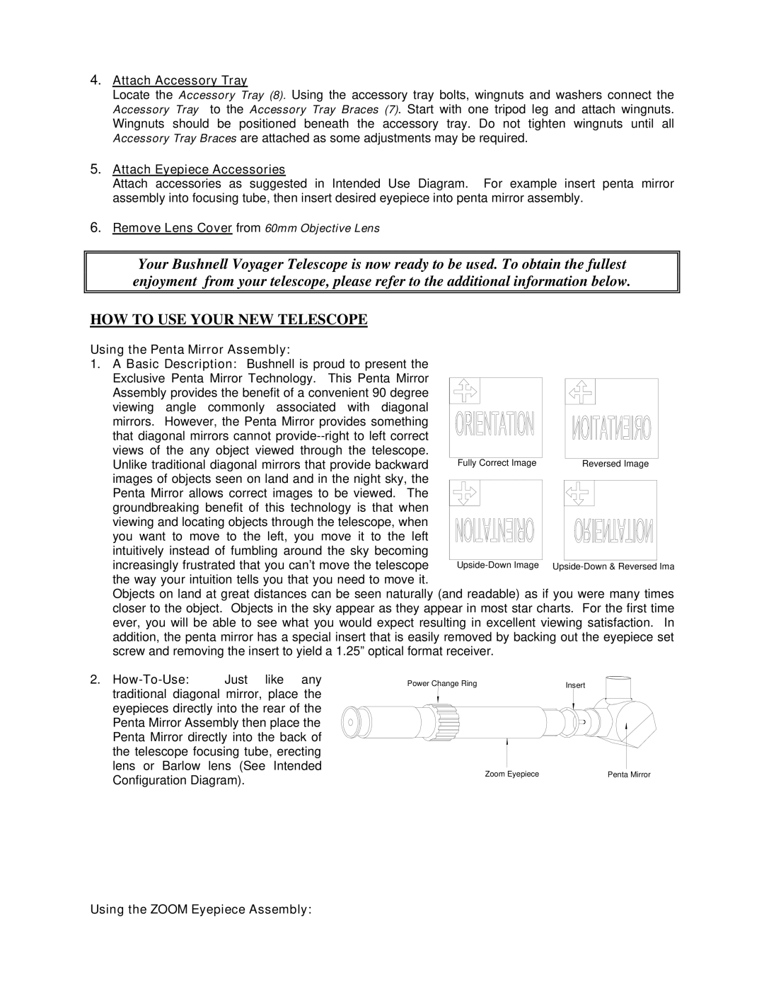 Bushnell 78-9470 manual Attach Accessory Tray, Attach Eyepiece Accessories, Using the Penta Mirror Assembly 