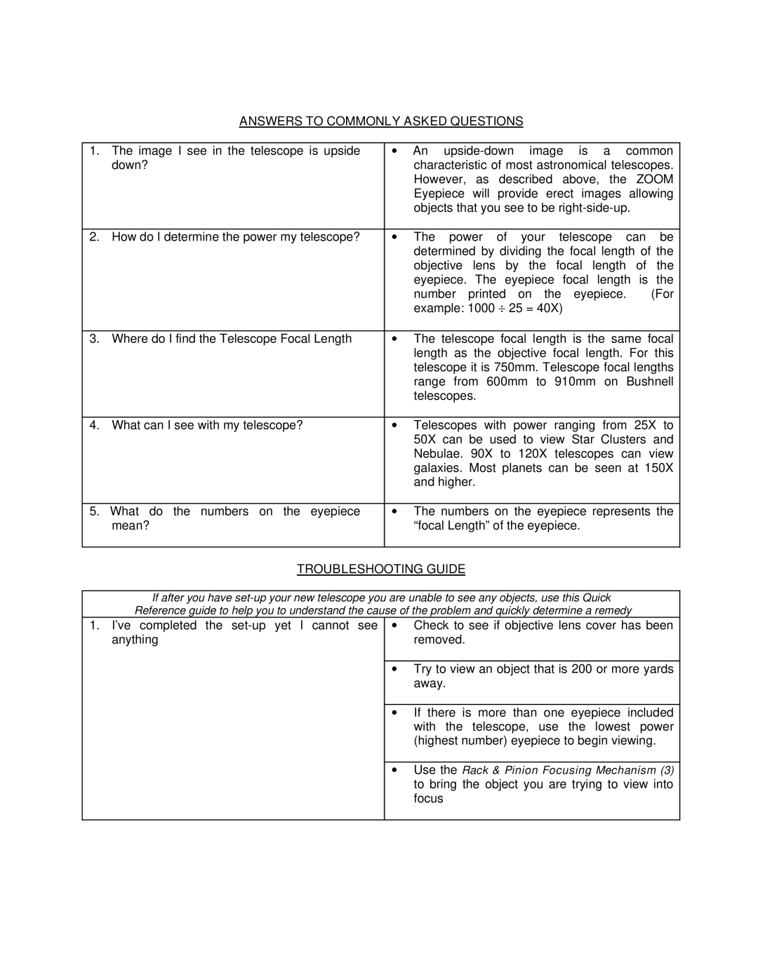 Bushnell 78-9470 manual Answers to Commonly Asked Questions 