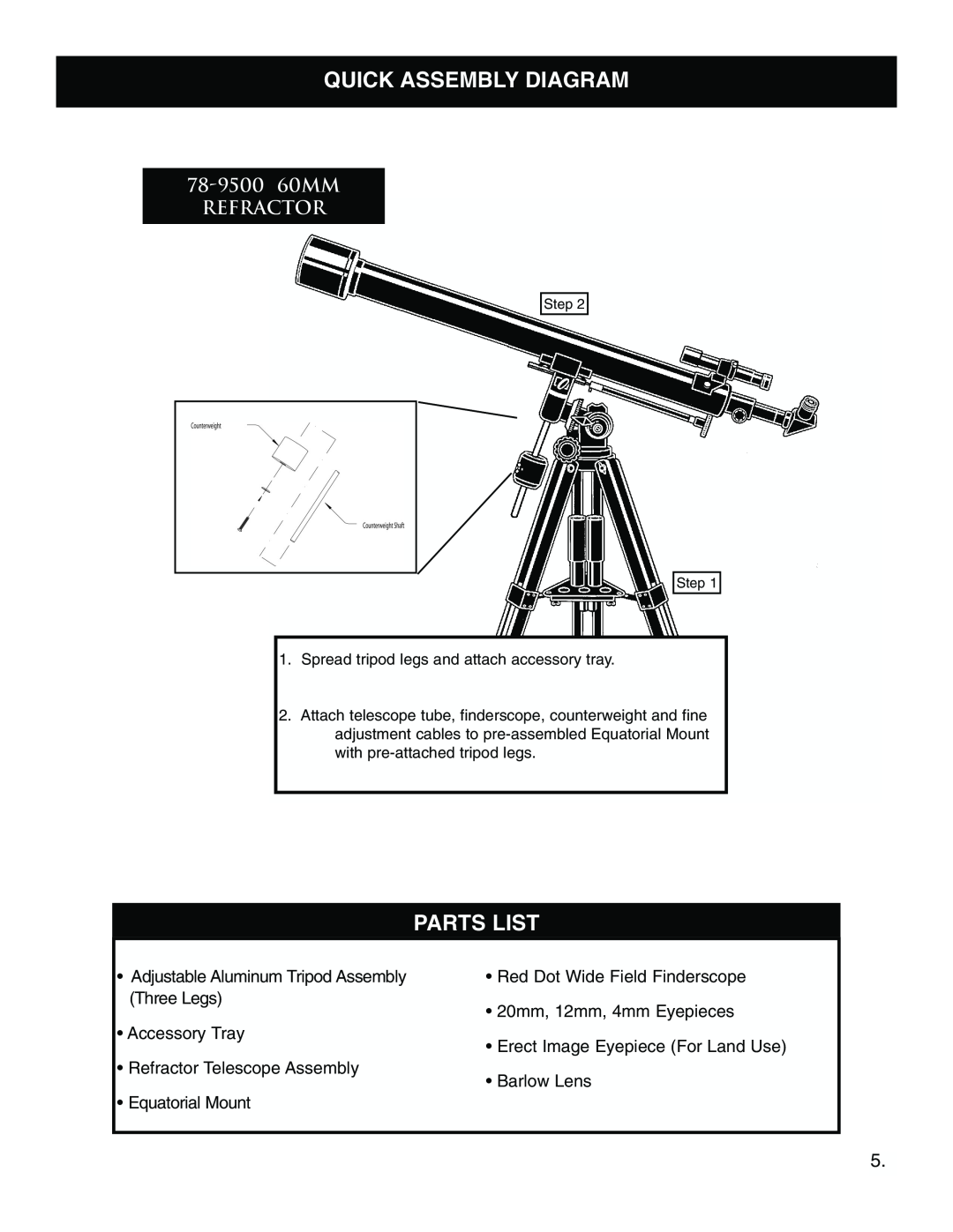 Bushnell Quick Assembly Diagram, Parts List, 78-950060MM REFRACTOR, Adjustable Aluminum Tripod Assembly, Step Step 
