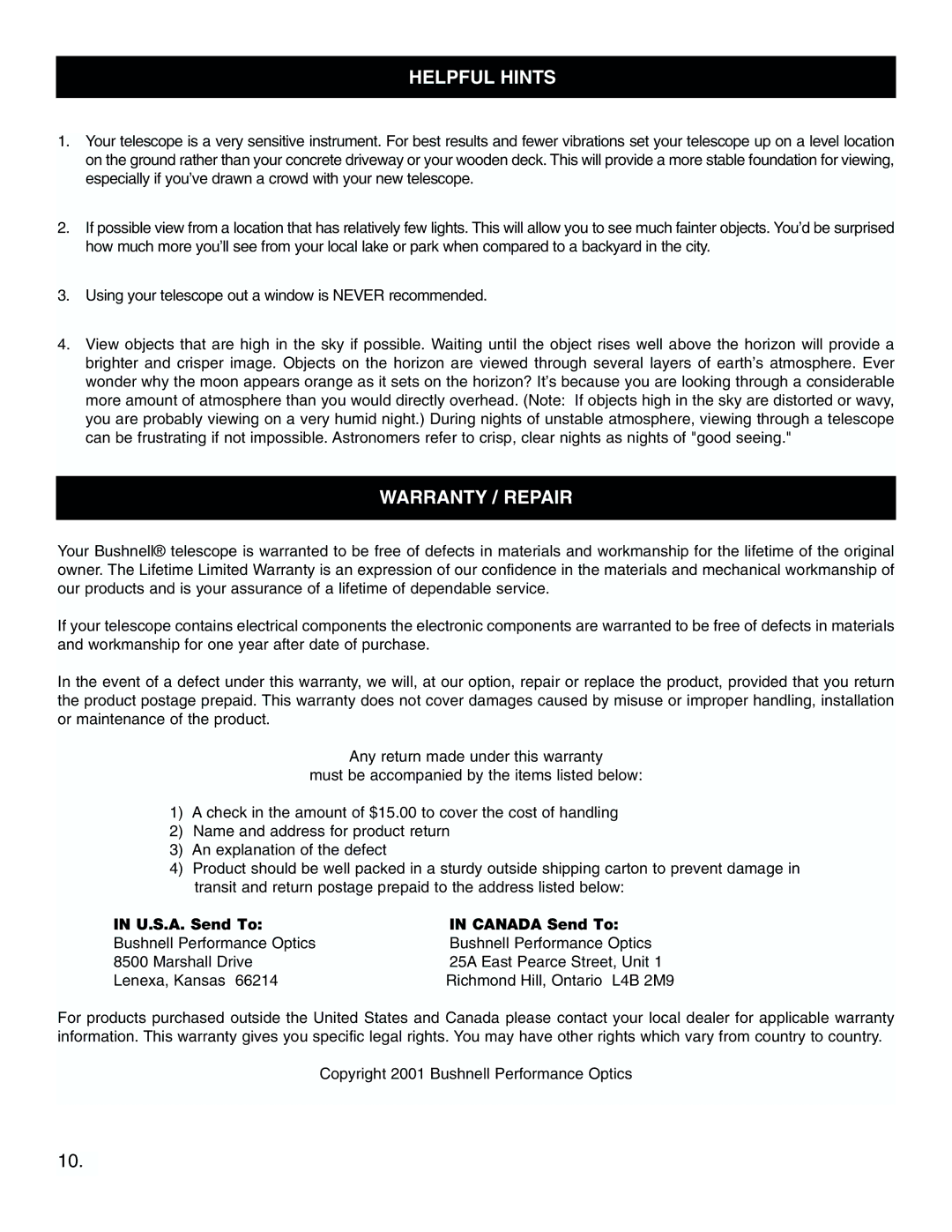 Bushnell 78-9500 instruction manual Mhelpful Hints, Warranty / Repair 