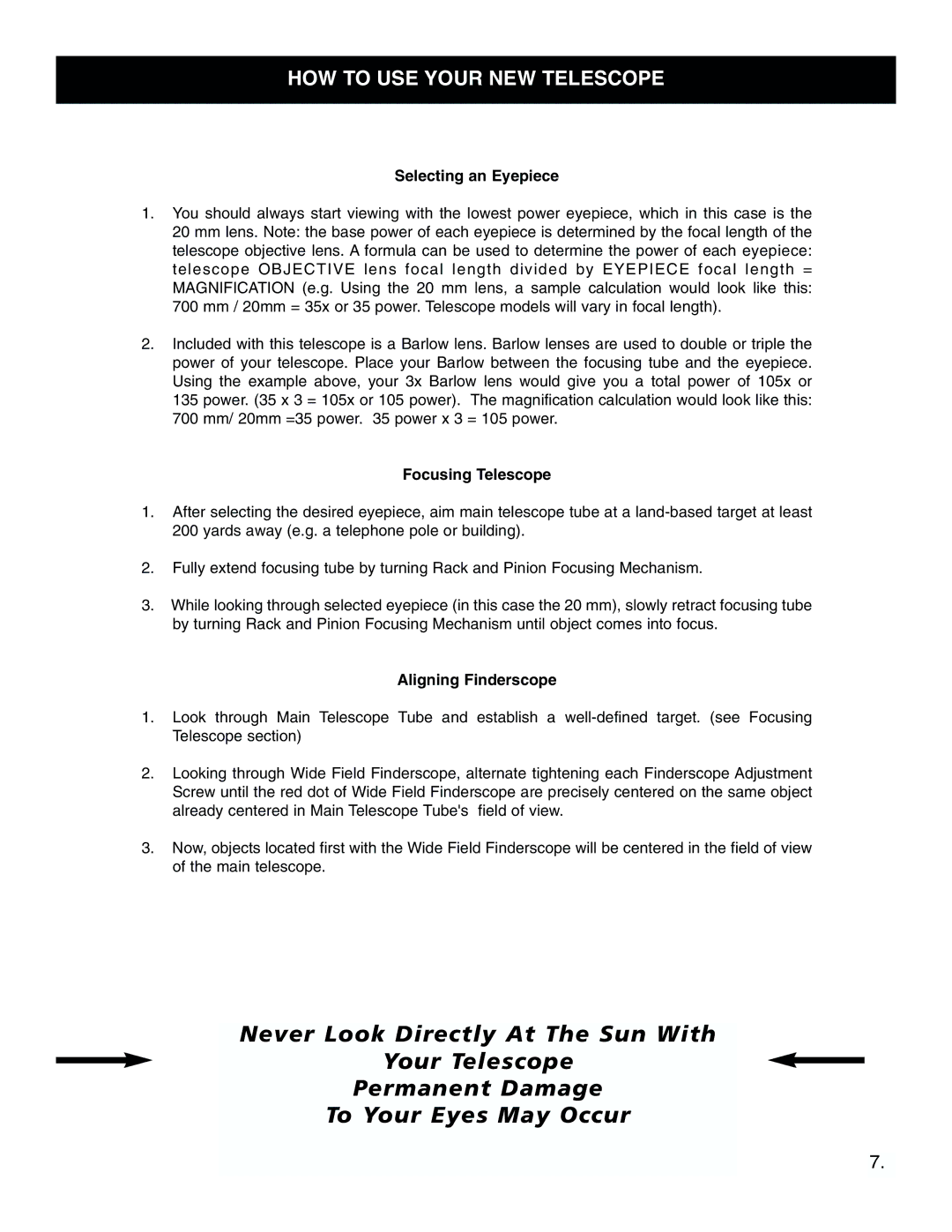 Bushnell 78-9500 instruction manual Selecting an Eyepiece, Focusing Telescope, Aligning Finderscope 