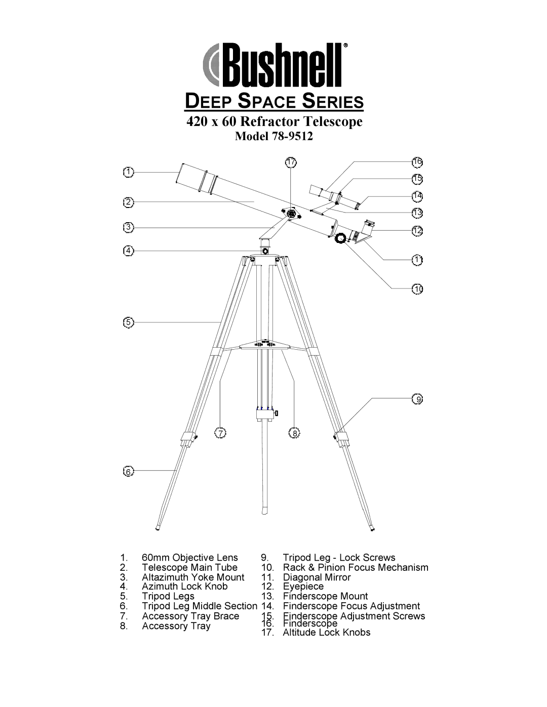 Bushnell 78-9512 manual Deep Space Series, 420 x 60 Refractor Telescope 