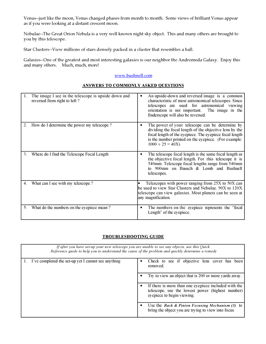 Bushnell 78-9540 manual Answers to Commonly Asked Questions 