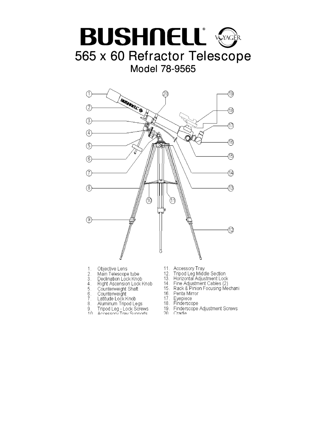 Bushnell 78-9565 manual Model, 565 x 60 Refractor Telescope 
