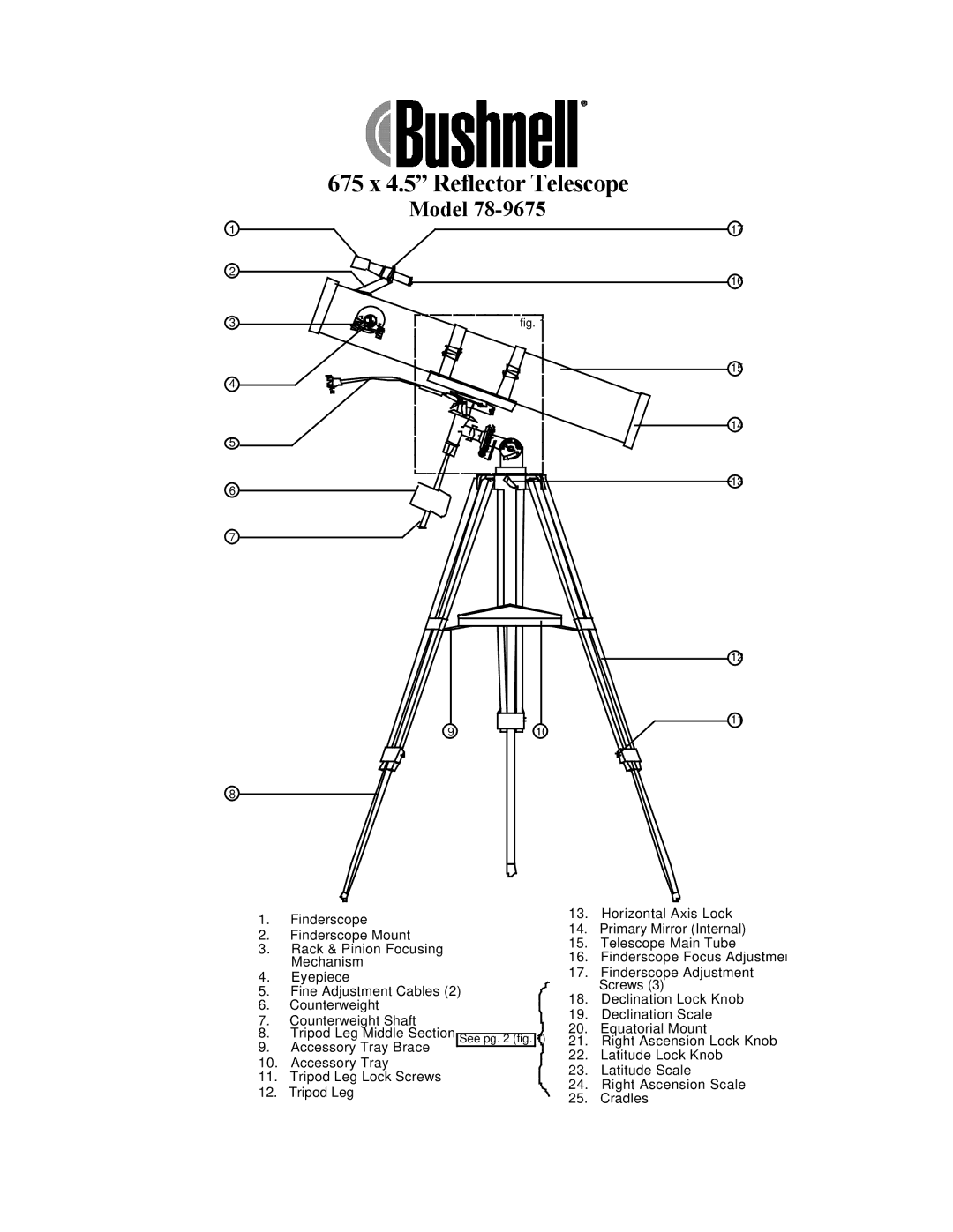 Bushnell 78-9675 manual 675 x 4.5 Reflector Telescope, Model 