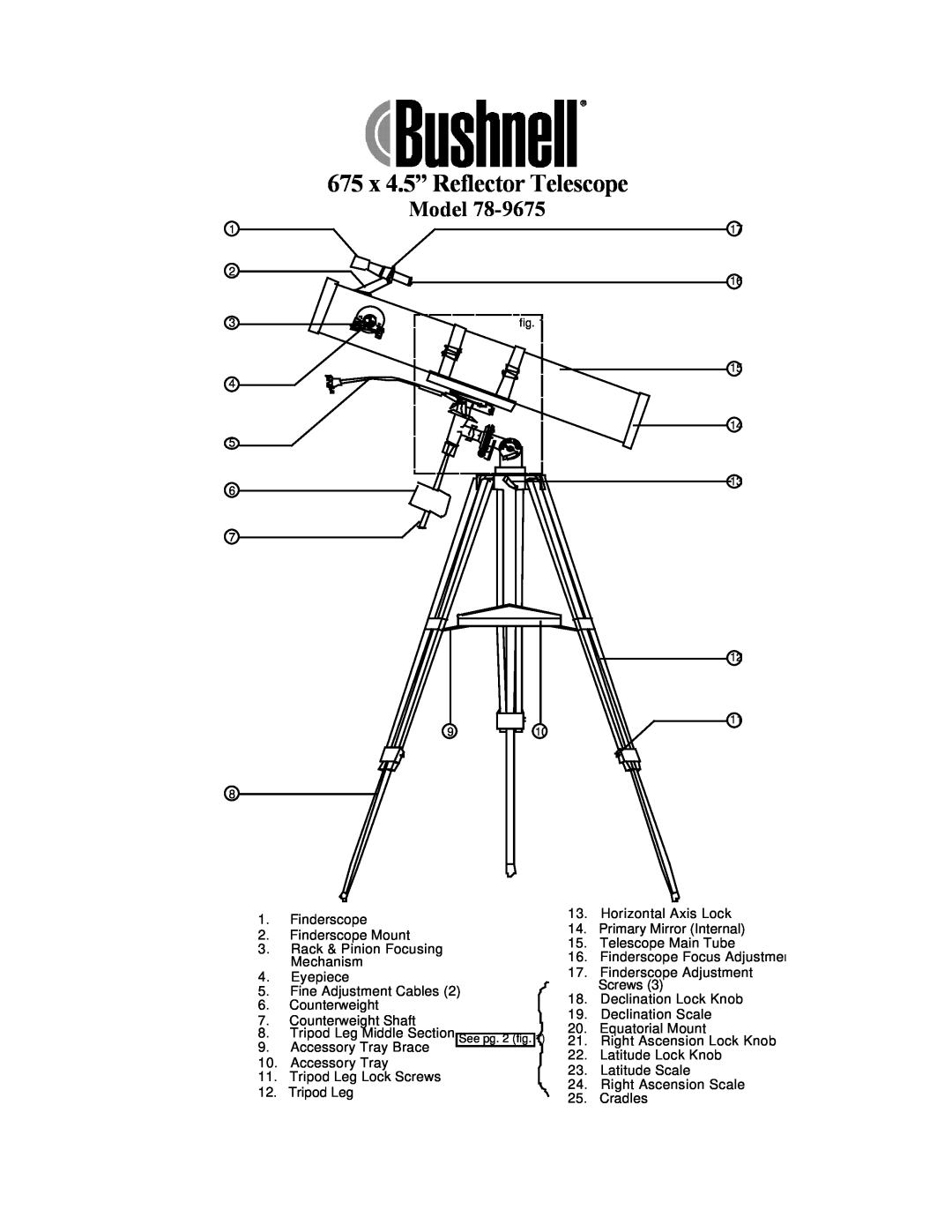 Bushnell 78-9675 manual 675 x 4.5” Reflector Telescope, Model 
