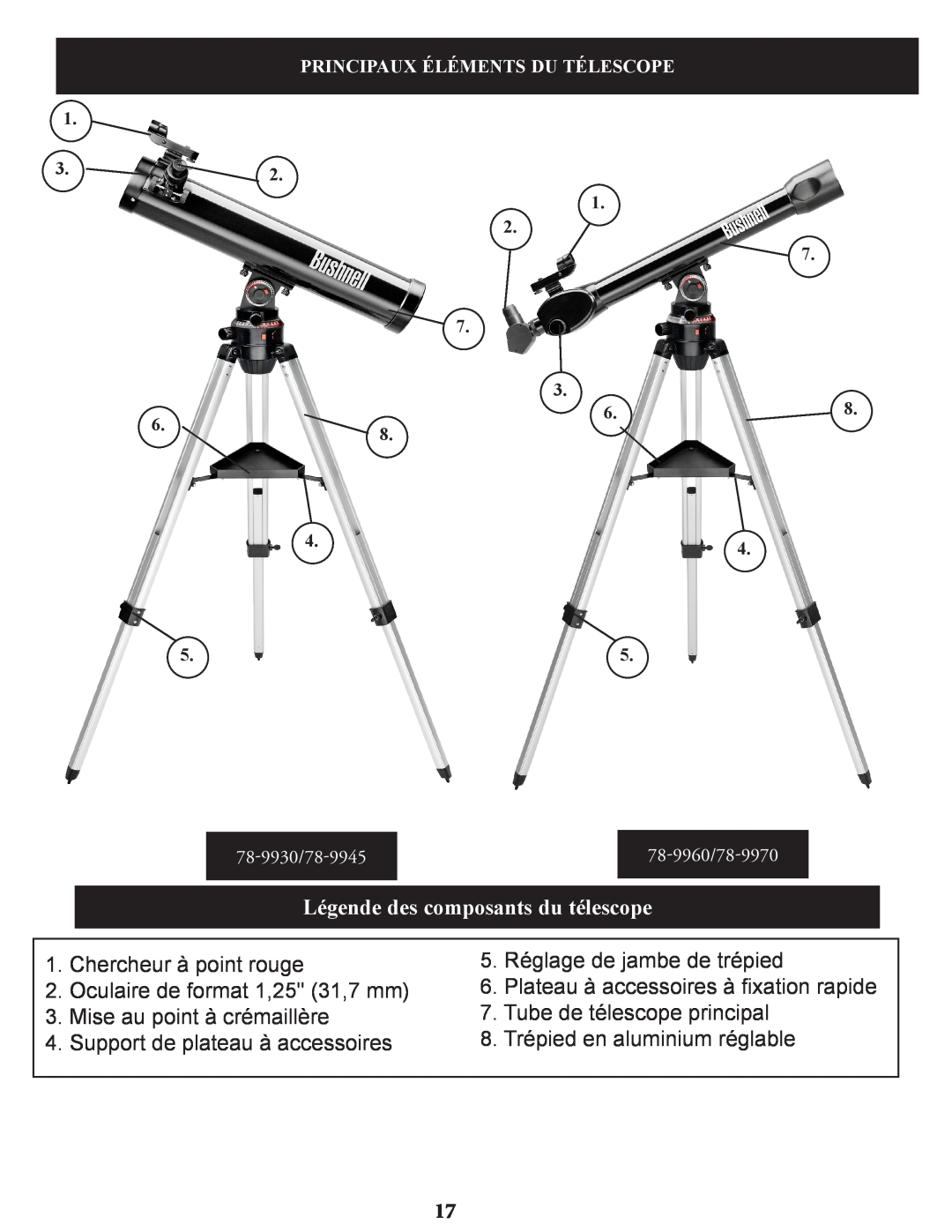 Bushnell 78-9970, 78-9945, 78-9930 instruction manual Légende des composants du télescope 