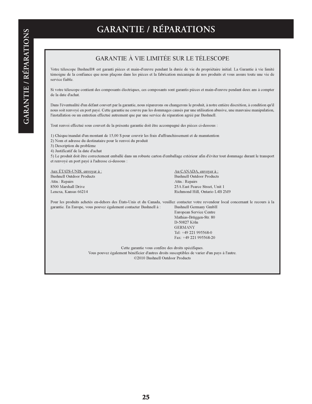 Bushnell 78-9930, 78-9945, 78-9970 instruction manual Garantie / Réparations 