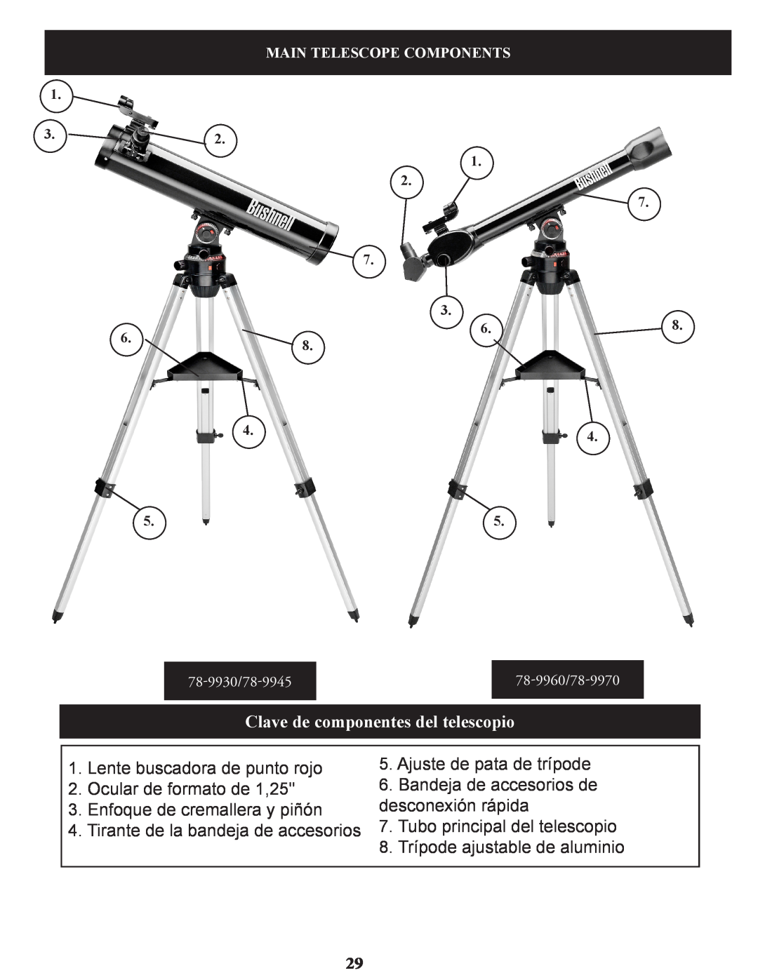 Bushnell 78-9970, 78-9945, 78-9930 instruction manual Clave de componentes del telescopio 