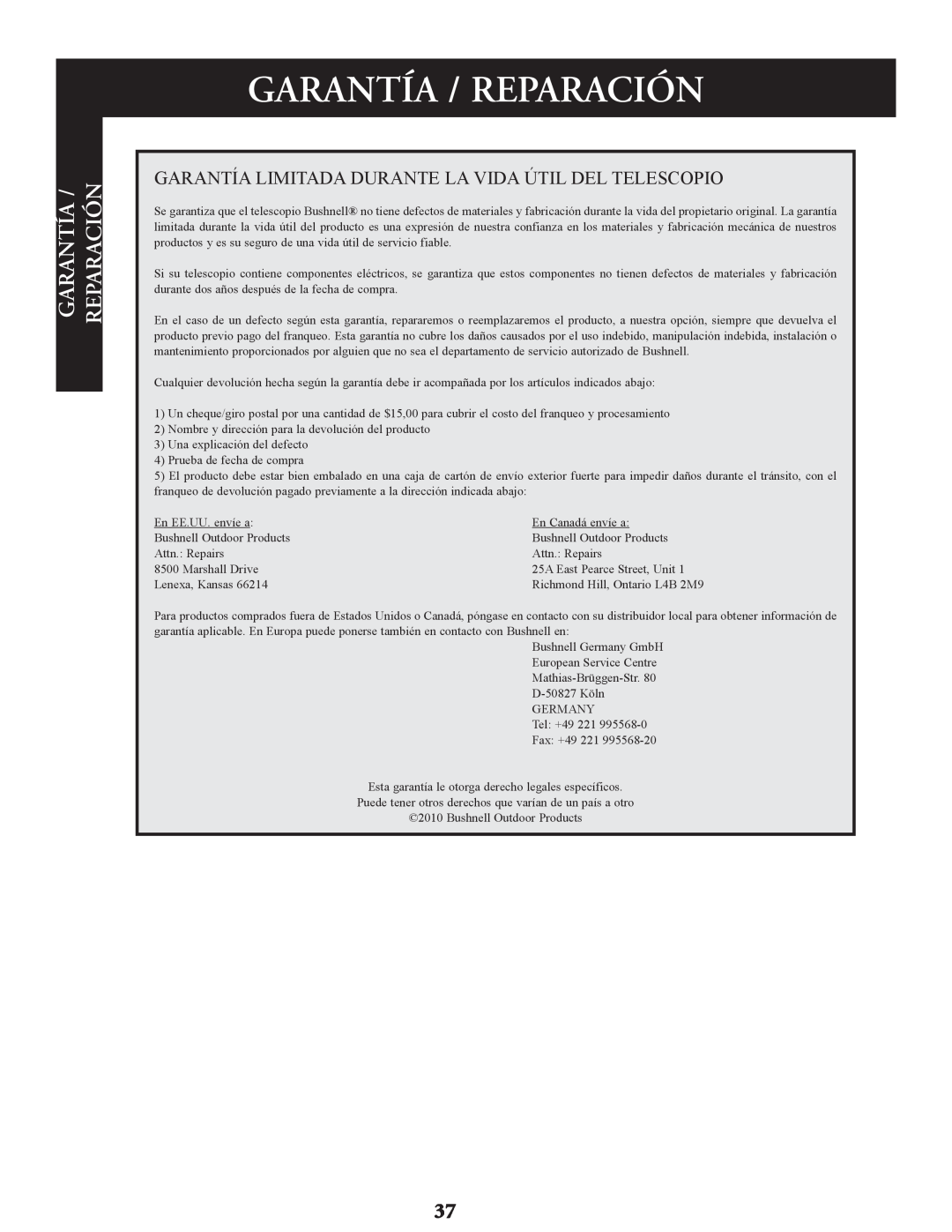 Bushnell 78-9930, 78-9945, 78-9970 instruction manual Garantía / Reparación 