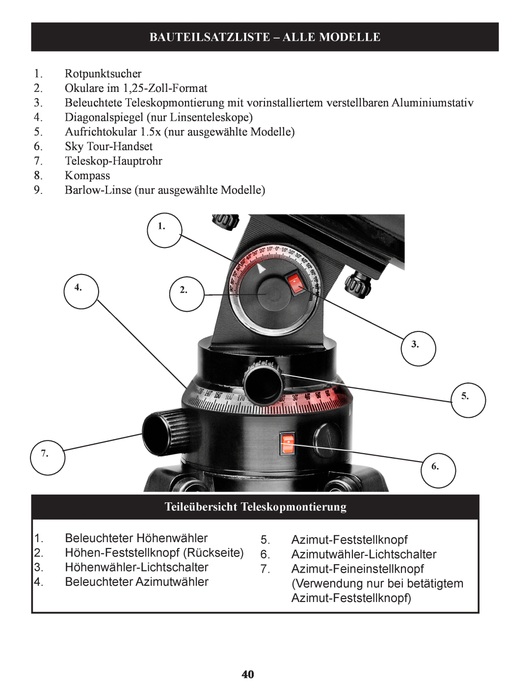 Bushnell 78-9930, 78-9945, 78-9970 instruction manual Bauteilsatzliste – Alle Modelle, Teileübersicht Teleskopmontierung 