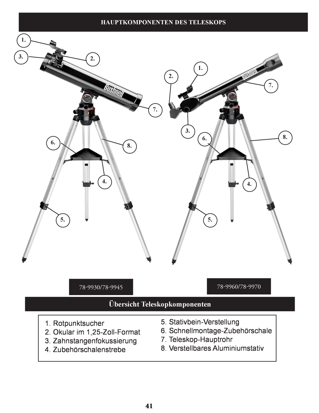 Bushnell 78-9970, 78-9945, 78-9930 instruction manual Übersicht Teleskopkomponenten 