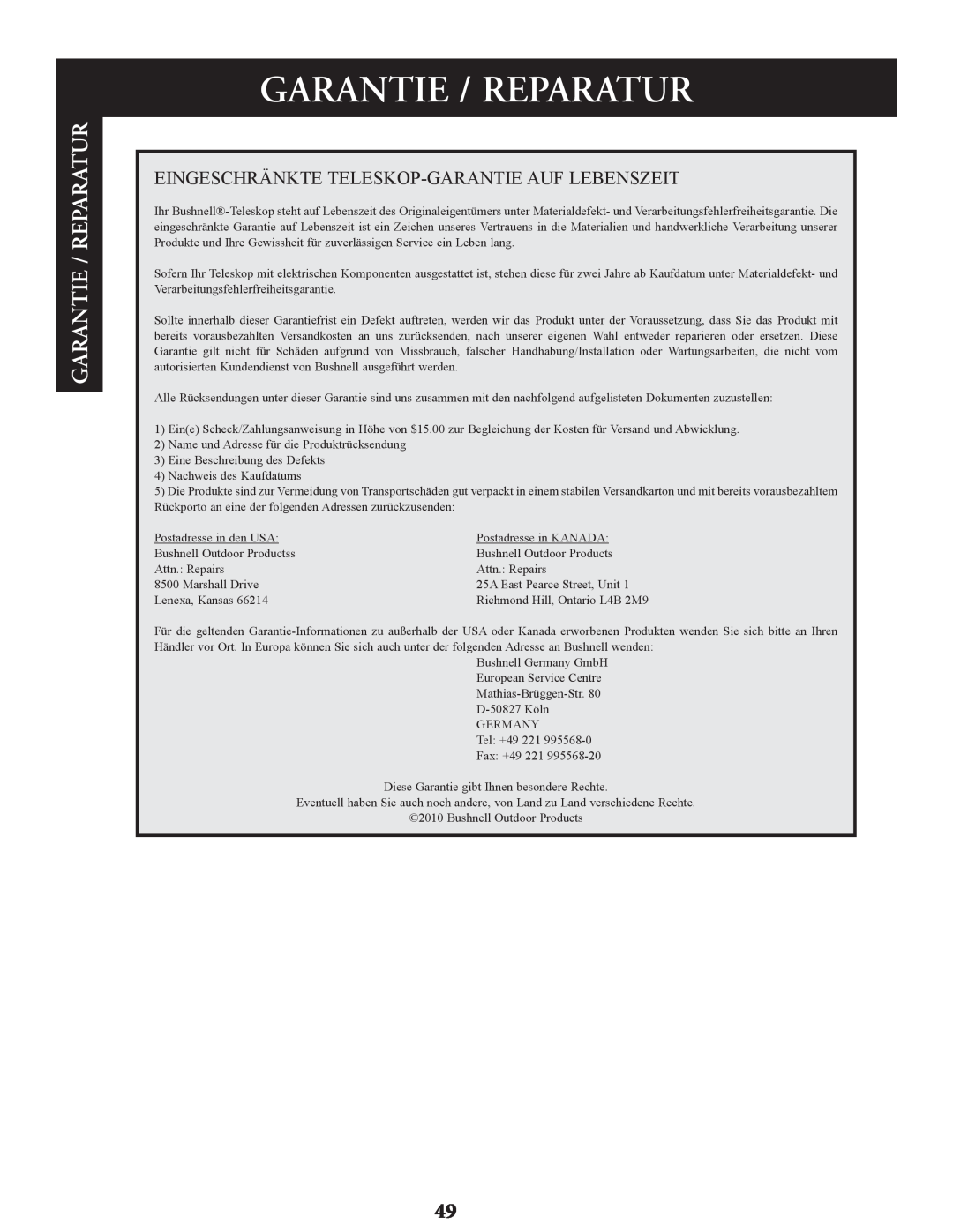 Bushnell 78-9930, 78-9945, 78-9970 instruction manual Garantie / Reparatur 