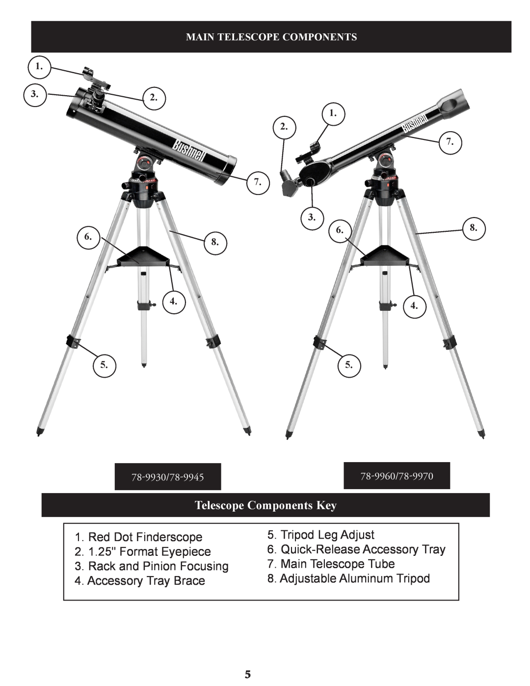 Bushnell 78-9970, 78-9945, 78-9930 instruction manual Telescope Components Key 