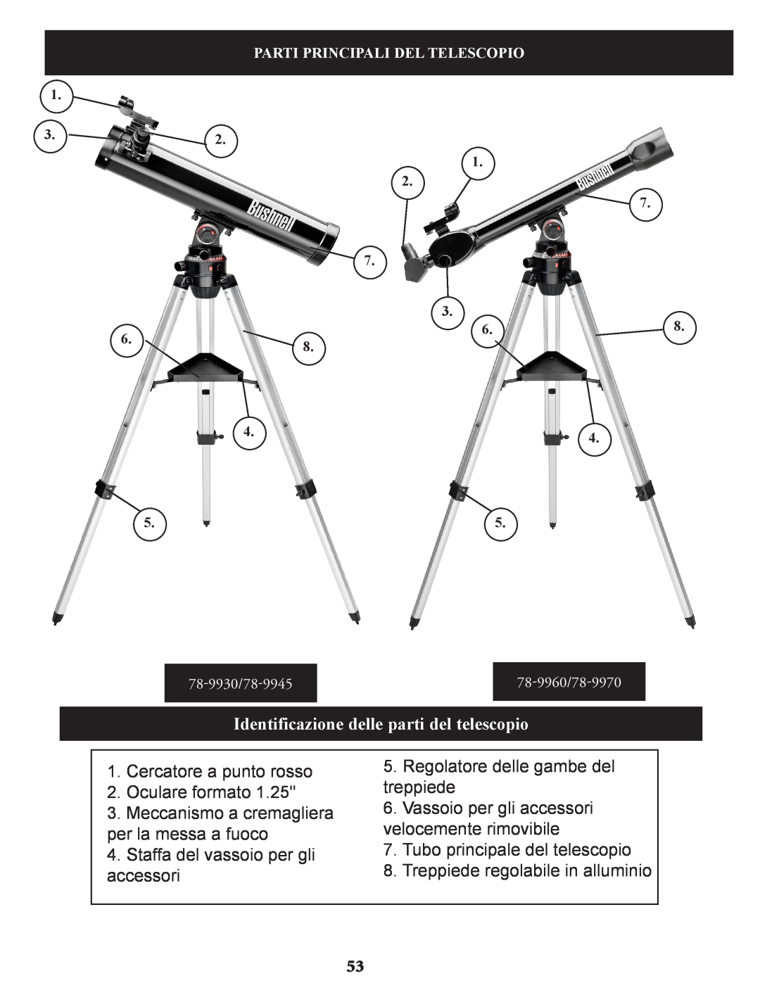 Bushnell 78-9970, 78-9945, 78-9930 instruction manual Identificazione delle parti del telescopio 